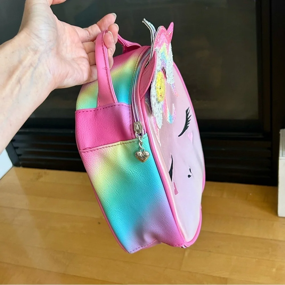 Sparkly Unicorn Kids Insulated Lunch Cooler with Rainbow + Flower Accents, Pink